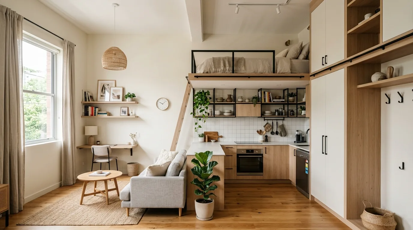 Go vertical with storage instead of spreading out inspiration for a studio apartment.